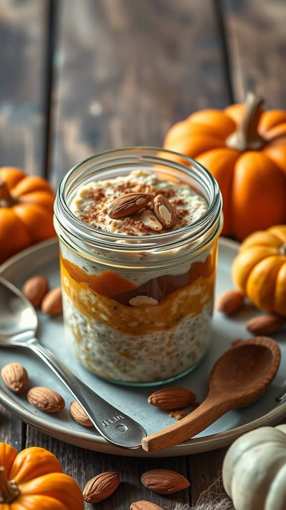 Delicious Pumpkin Pie Overnight Oats with almond butter and pumpkin puree, topped with almonds.
