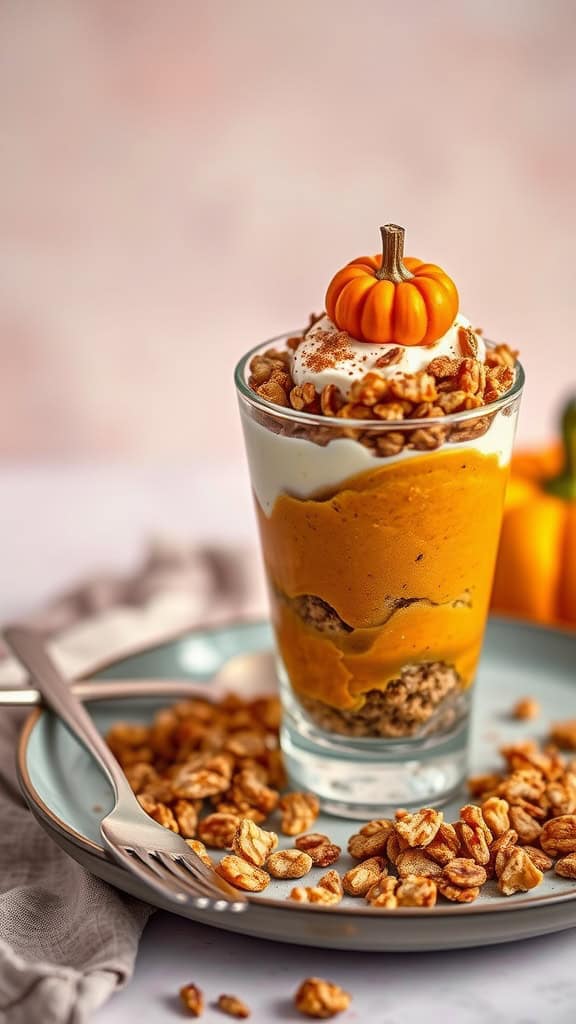 Pumpkin spice parfait with layers of pumpkin puree, yogurt, and granola topped with whipped cream and a mini pumpkin.