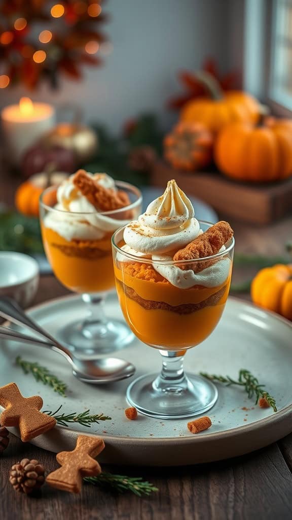 Delicious pumpkin spice parfaits layered with pumpkin filling, whipped cream, and gingersnap crumbs