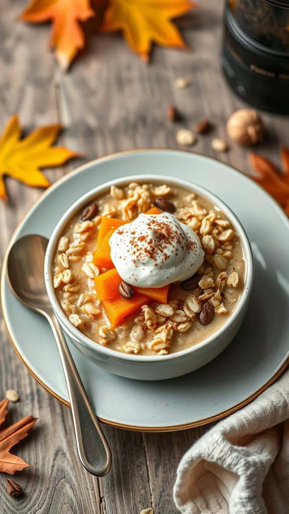 Pumpkin spice latte overnight oats in a bowl, topped with whipped cream and spices.