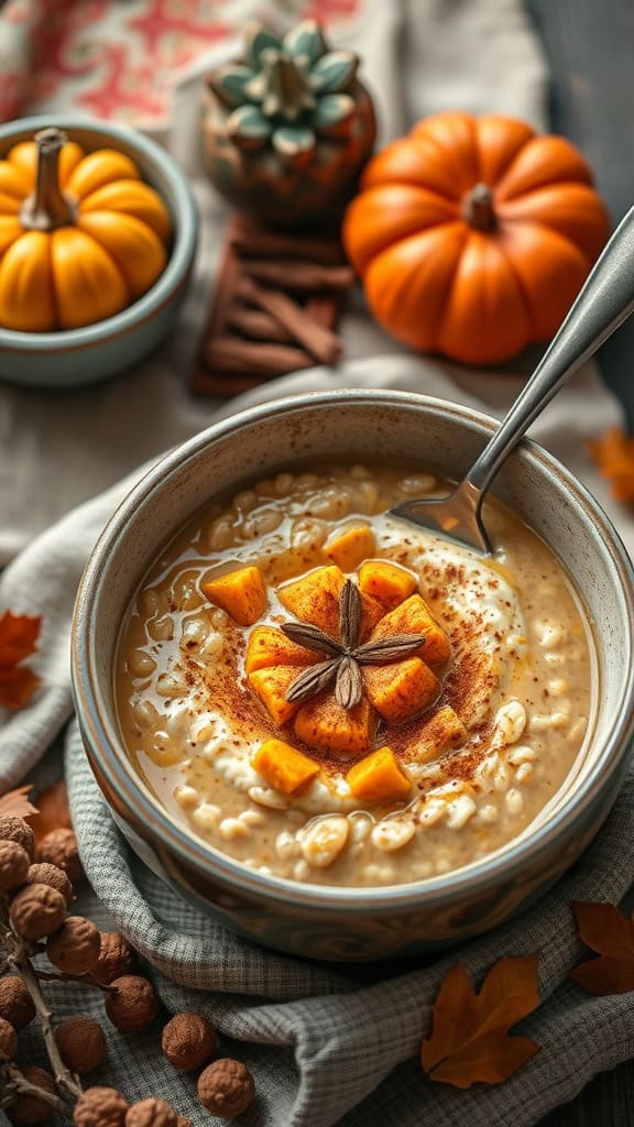 A bowl of pumpkin spice latte overnight oats with decorative toppings.