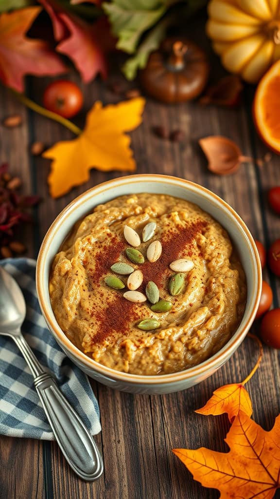 Bowl of pumpkin spice overnight oats topped with seeds and spices