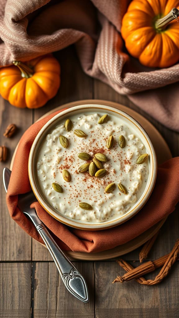 Bowl of pumpkin spice overnight oats topped with nuts and spices