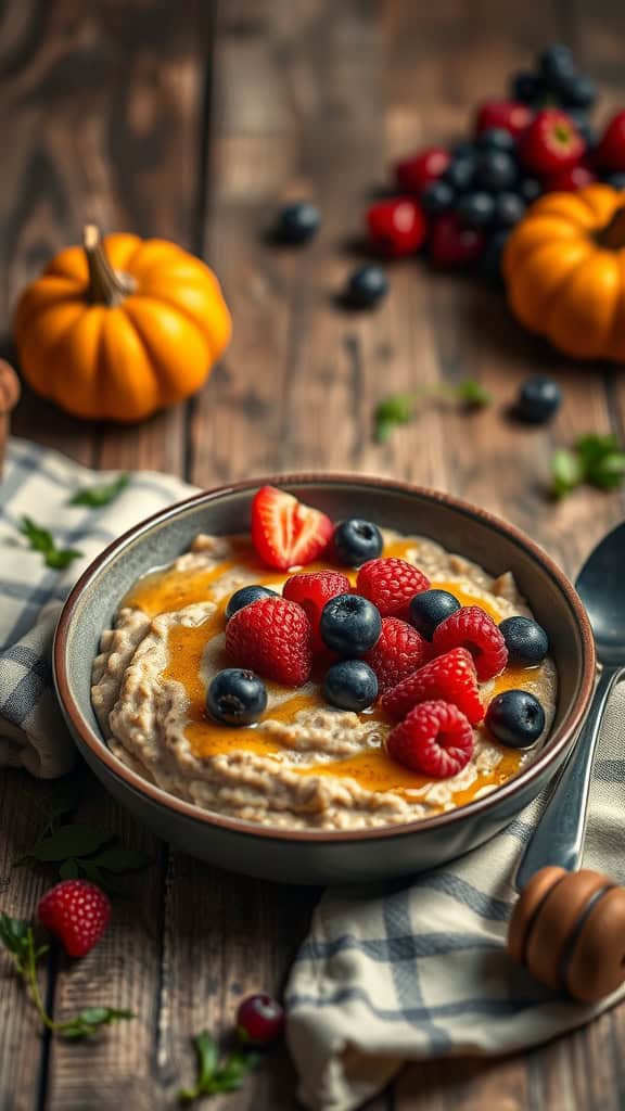 A bowl of pumpkin spice overnight oats topped with mixed berries and drizzled with syrup.
