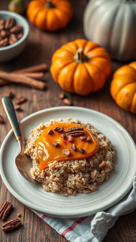 A comforting bowl of pumpkin spice overnight oats topped with pumpkin puree and nuts.