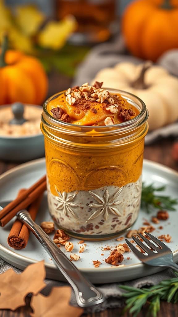 A jar of pumpkin spice overnight oats cheesecake topped with oats and spices, surrounded by decorative pumpkins.