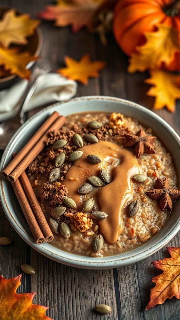 A bowl of pumpkin spice overnight oats topped with peanut butter, nuts, and spices.