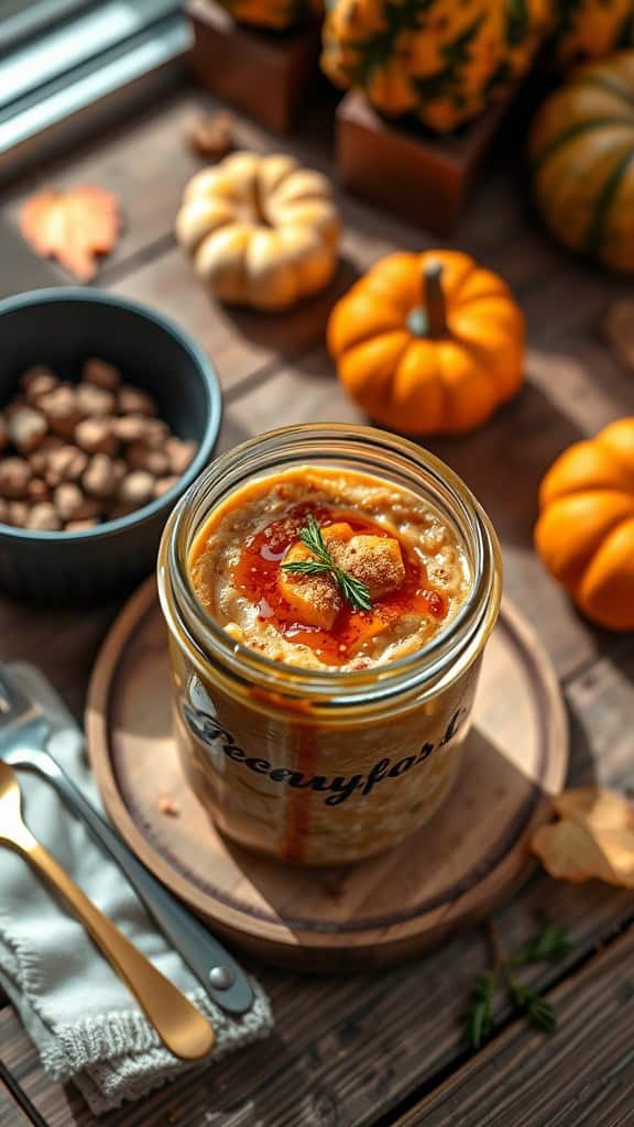 A jar of pumpkin spice overnight oats topped with pumpkin puree and spices, surrounded by autumn decorations.