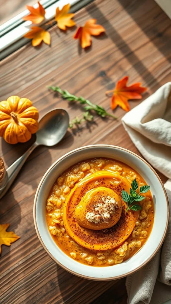 A bowl of pumpkin spice overnight oats topped with pumpkin puree and spices.