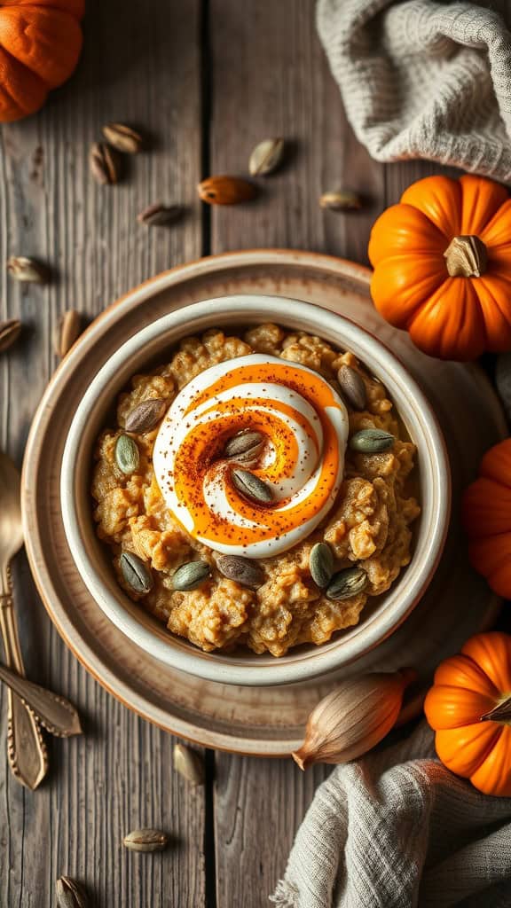 Delicious pumpkin spice overnight oats topped with yogurt and pumpkin seeds