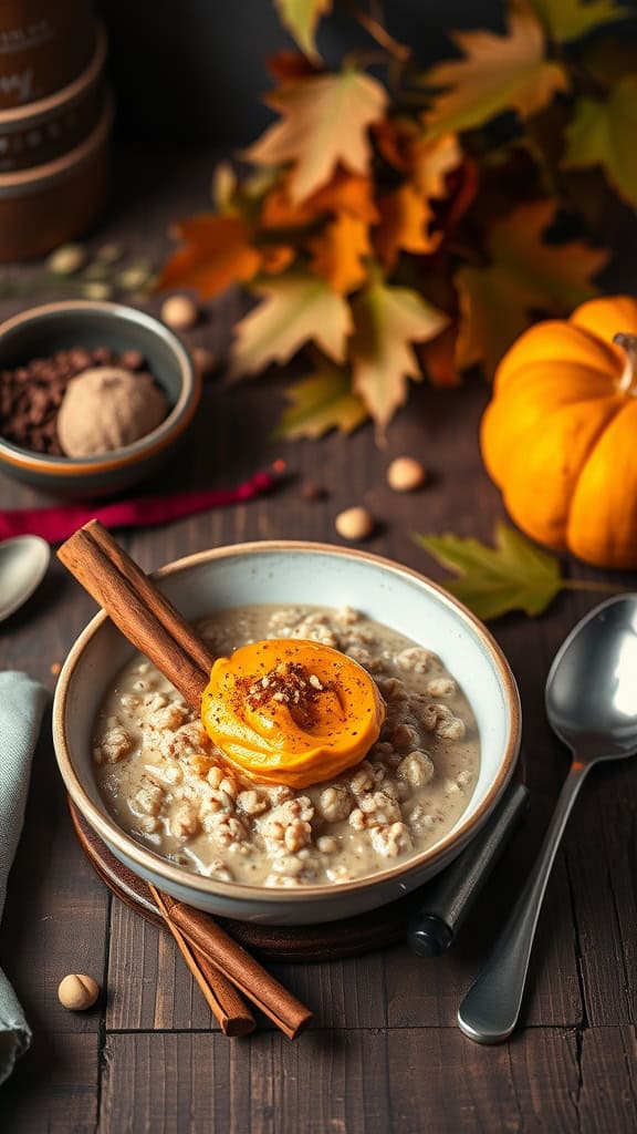 Bowl of pumpkin spice overnight oats topped with a slice of pumpkin and a sprinkle of spices.
