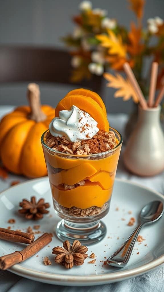 Pumpkin spice parfait with yogurt, granola, and whipped cream