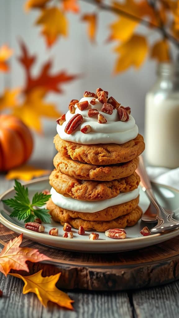 A stack of three pumpkin cookies layered with whipped cream and topped with chopped pecans, surrounded by autumn leaves.