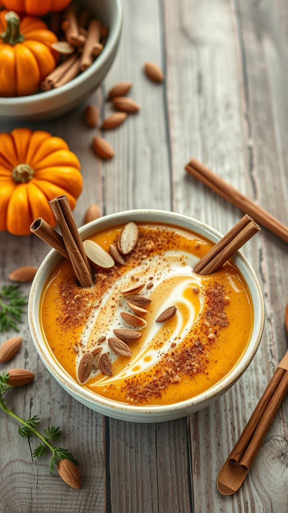 A creamy pumpkin spice smoothie bowl topped with yogurt, granola, and a sprinkle of cinnamon.
