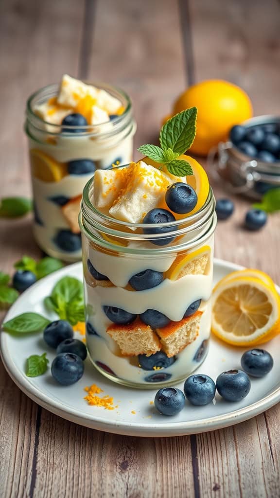 Lemon Blueberry Parfait in mason jars with vanilla pound cake.