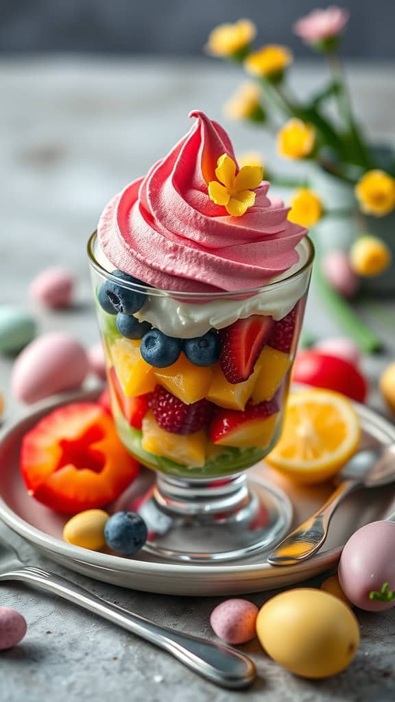 Colorful layered parfaits with fresh fruits and whipped topping, perfect for Easter.