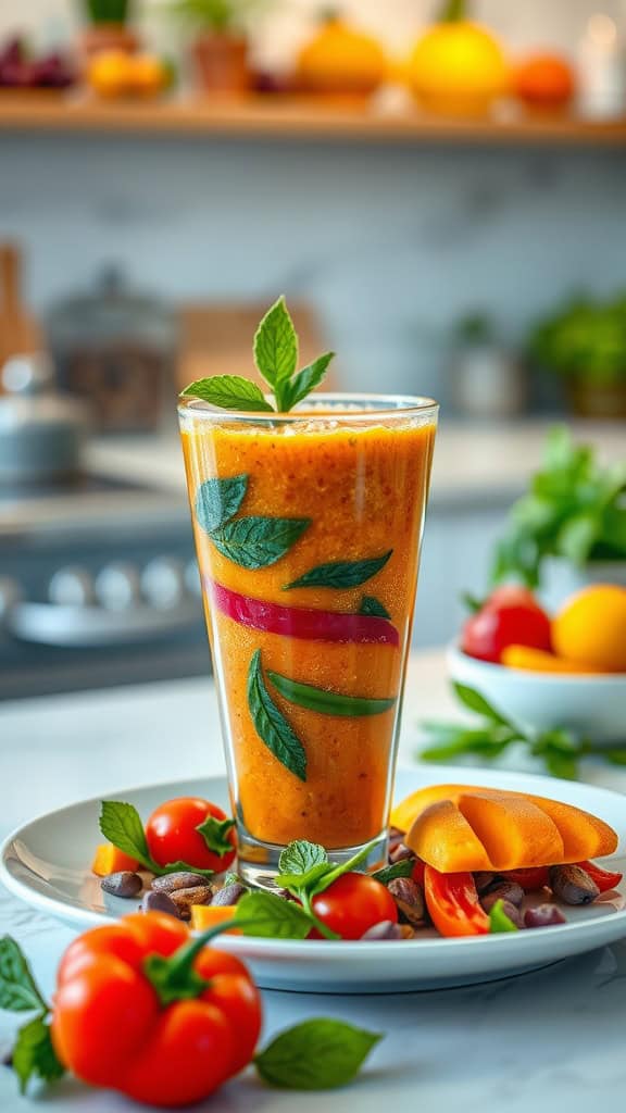 A colorful vegetable smoothie featuring vibrant layers of red pepper, spinach, carrot, orange, and mango.