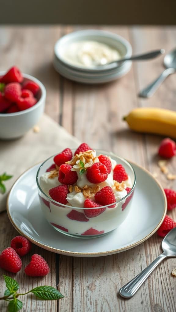 Raspberry Almond Crunch Parfait in a bowl with fresh raspberries and almond crunch on top.