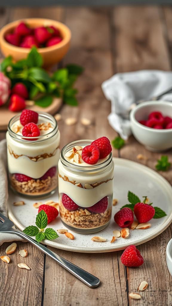Raspberry Almond Crunch Parfait Cheesecake Jars with layers of cheesecake, raspberries, and granola