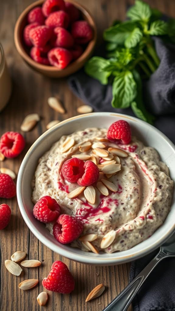 A bowl of Raspberry Almond Joy Overnight Oats topped with raspberries and almonds.