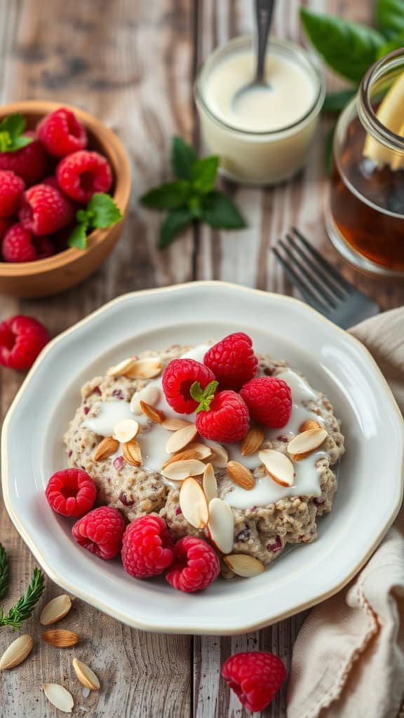 A delicious bowl of raspberry almond overnight oats topped with fresh raspberries and sliced almonds.