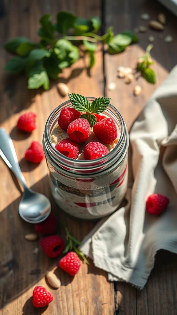 Raspberry Almond Overnight Oats in a jar with fresh raspberries and almonds