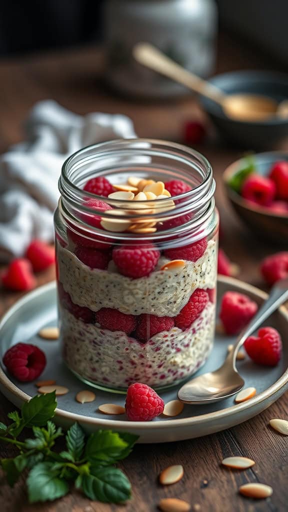 A jar of raspberry almond overnight oats with layers of raspberries and almond slices