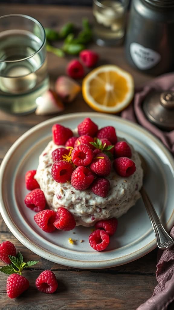 A delicious serving of raspberry lemon overnight oats with fresh raspberries on top.