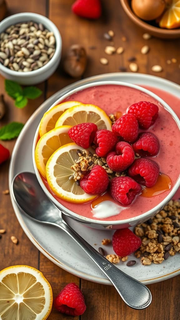 A vibrant raspberry lemonade smoothie bowl topped with slices of lemon, fresh raspberries, and granola.