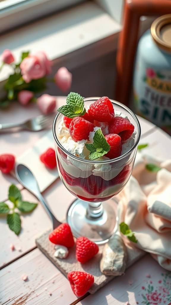 Raspberry Rose Parfait with fresh raspberries and mint garnish in a glass.