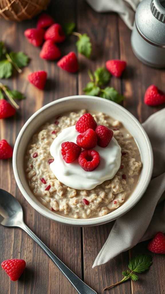 A bowl of raspberry vanilla overnight oats topped with yogurt and fresh raspberries.