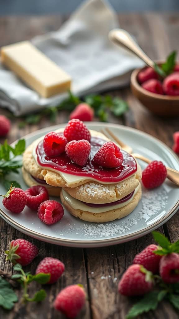 Raspberry White Chocolate Parfait Cookies served with fresh raspberries