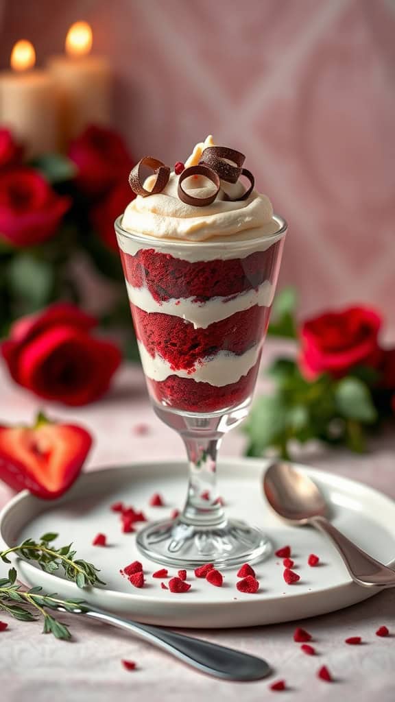 A delicious red velvet parfait layered with cream cheese frosting and topped with chocolate curls.