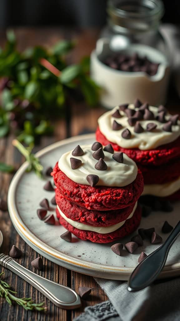 Delicious Red Velvet Parfait Cookies with cream cheese frosting and chocolate chips