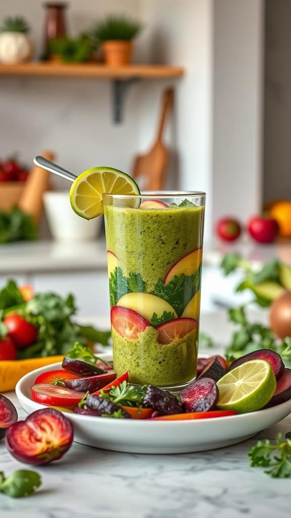 A refreshing green smoothie made with kale, cucumber, beet, apple, and lime, served in a tall glass with a slice of lime on the rim.