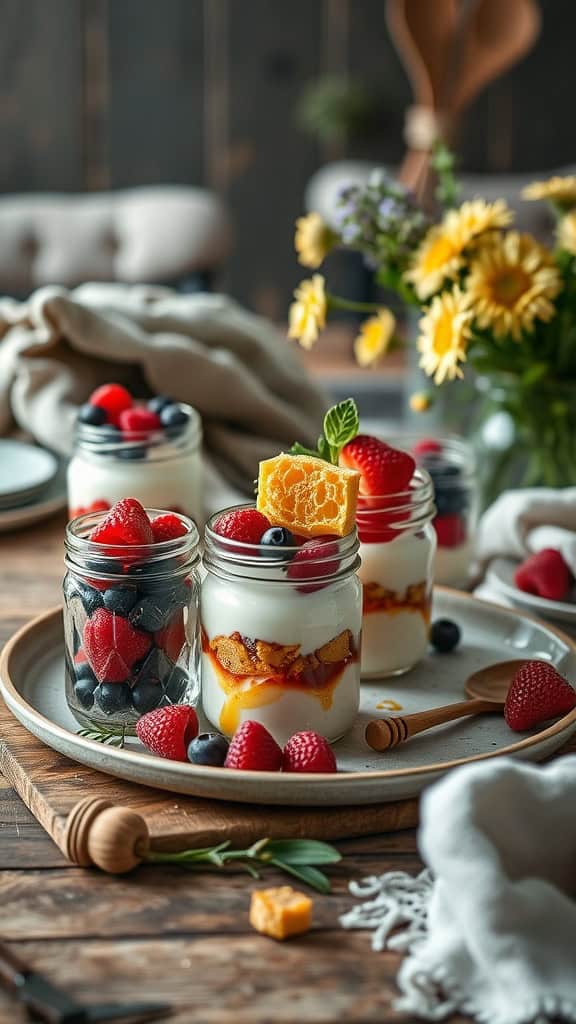 Yogurt parfaits with honeycomb and fresh berries in rustic jars