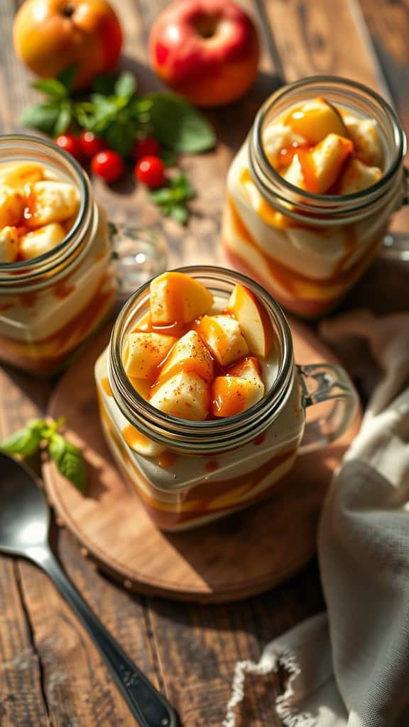 Mason jar parfaits with layers of caramel, apples, and yogurt.