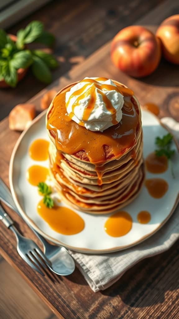 Stacked pancakes drizzled with caramel, topped with whipped cream and surrounded by apples.