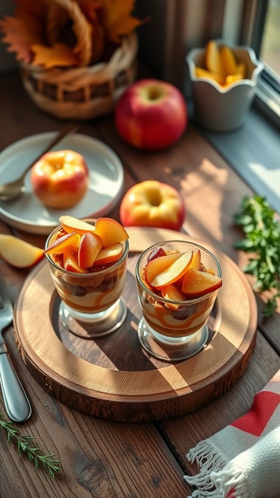 A close-up of Salted Caramel Apple Parfait Trifle in mini cups with layers of spiced cake and apples.
