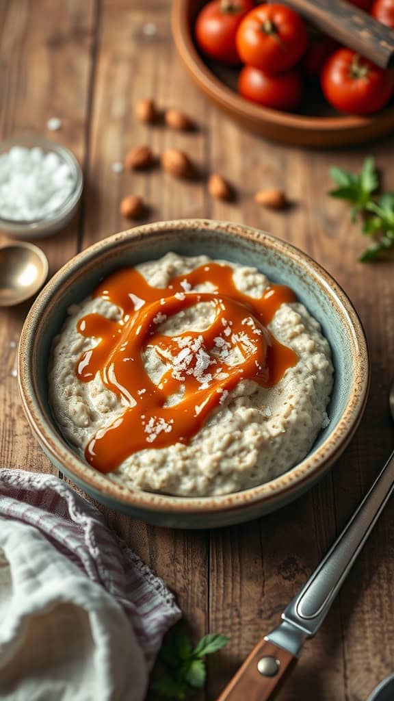 A bowl of salted caramel overnight oats topped with caramel sauce and sea salt.