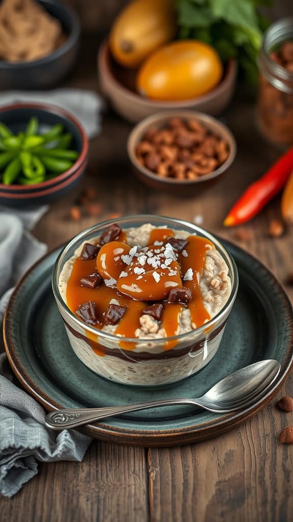 Salted caramel chocolate peanut butter overnight oats in a jar