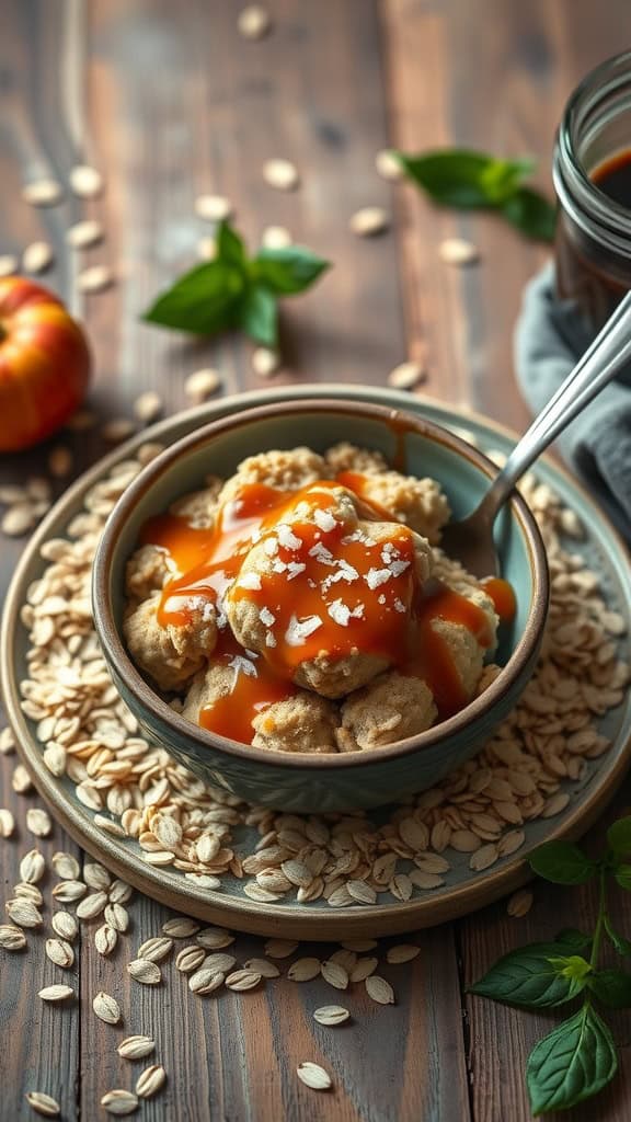 Bowl of salted caramel overnight oats topped with caramel sauce and sea salt flakes.
