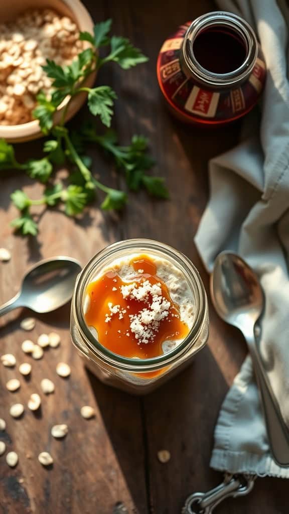 A jar of salted caramel overnight oats topped with caramel syrup and sea salt.