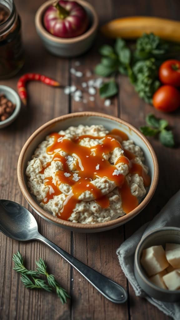 A bowl of salted caramel overnight oats drizzled with caramel sauce and topped with sea salt.