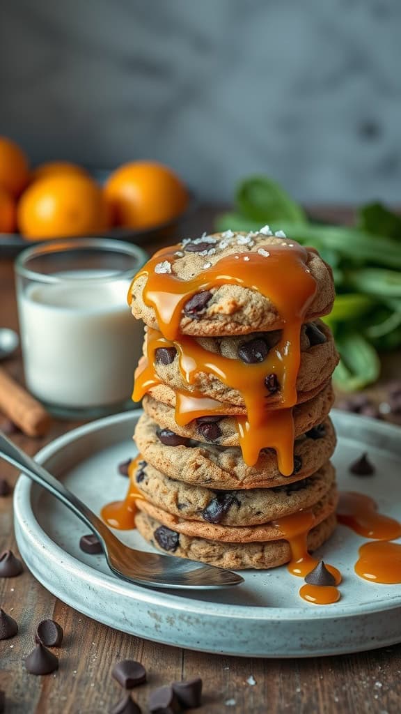 Salted Caramel Parfait Cookies with chocolate chips and caramel drizzle