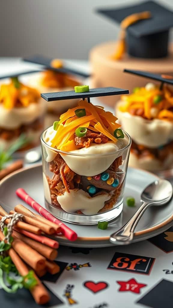 Savory graduation parfait cups with layers of mashed potatoes, pulled pork, and shredded cheese