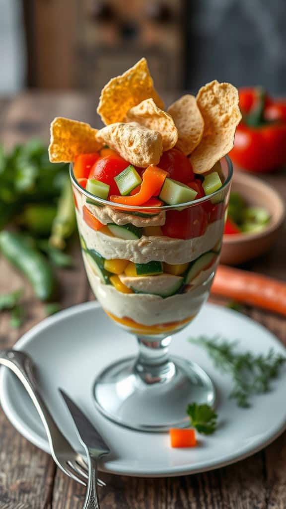 Savory parfait with layers of hummus and colorful diced vegetables topped with pita chips