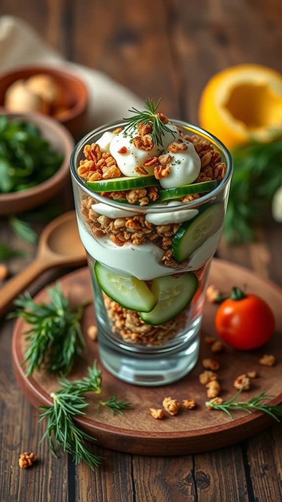 Savory parfait with yogurt, cucumber slices, and dill granola