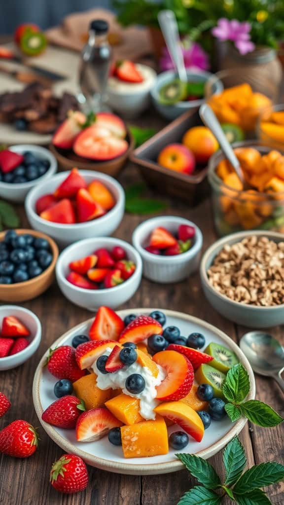 A vibrant assortment of seasonal fruits and yogurt parfait ingredients set up for a brunch party.