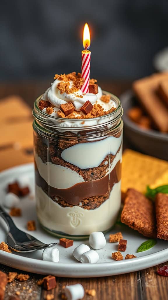 A beautiful S'mores Birthday Cake Parfait with layers of chocolate cake, marshmallow fluff, and graham cracker crumbs, topped with a birthday candle.